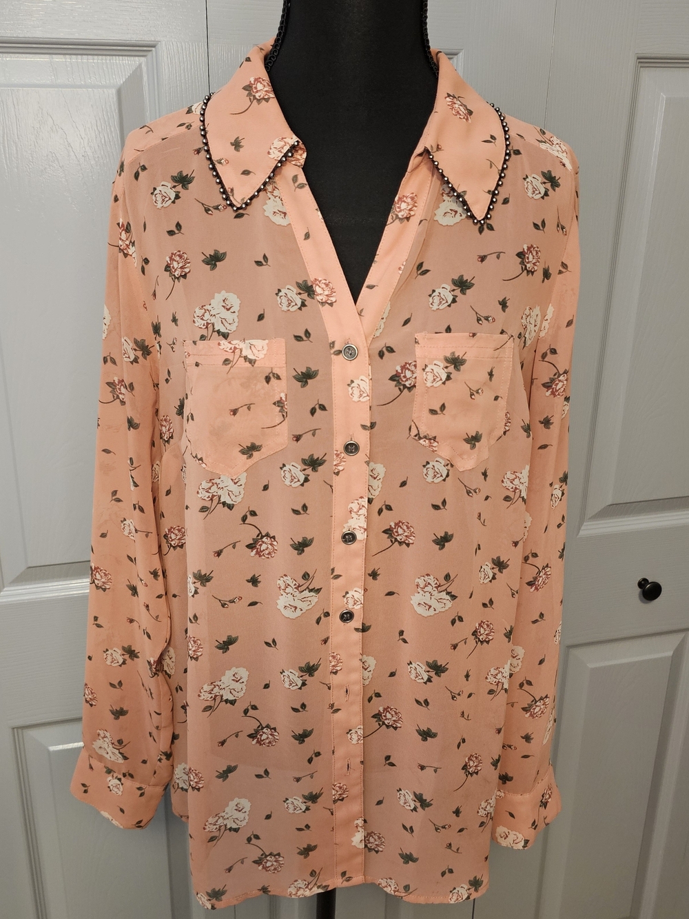 Floral Peach Button-Up Blouse with Beaded Collar